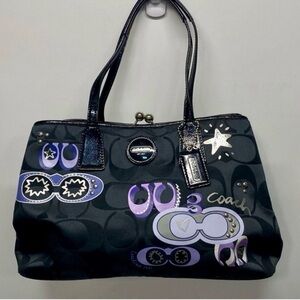 Coach Graphic Op Art Kisslock Satchel – Style 11763 Black w/ Purple & Silver
